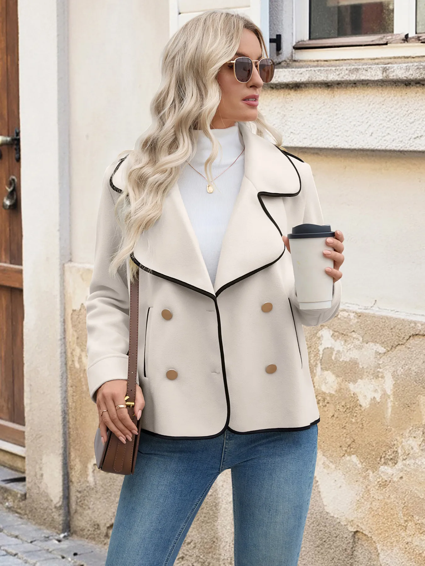 Double-Breasted Color Block Wool Coat