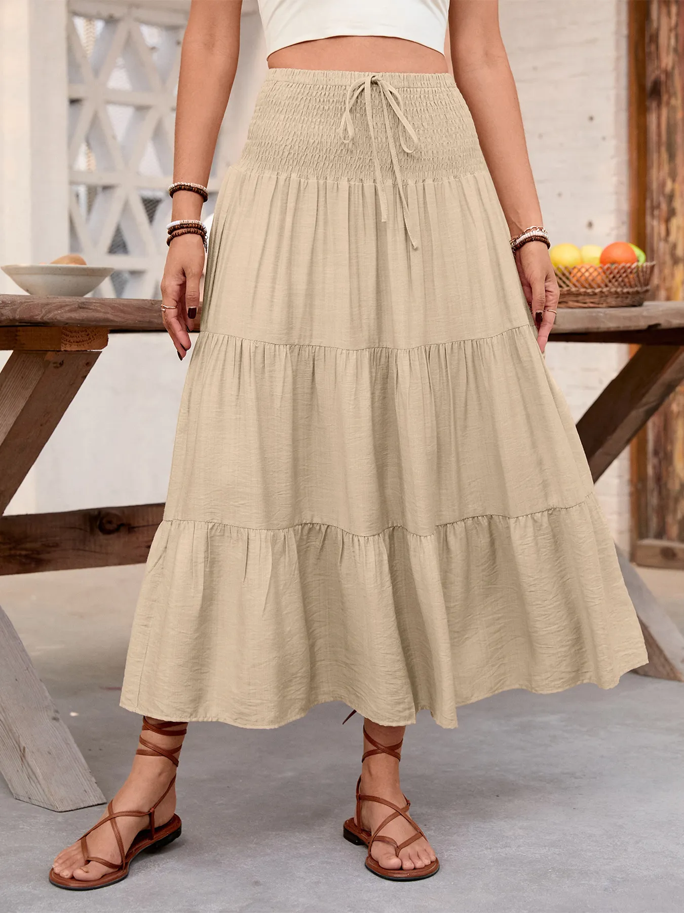 Casual Solid Maxi Skirt with Elastic Drawstring Waist