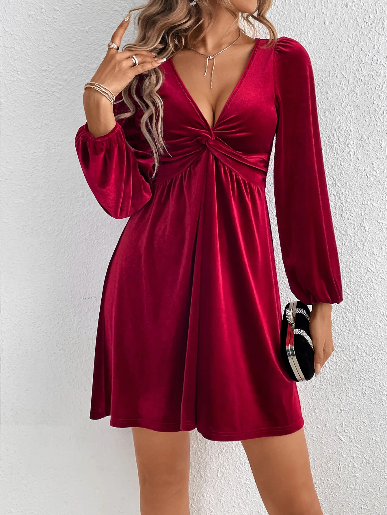 Sexy V-Neck Long Sleeve Velvet A-Line Dress
