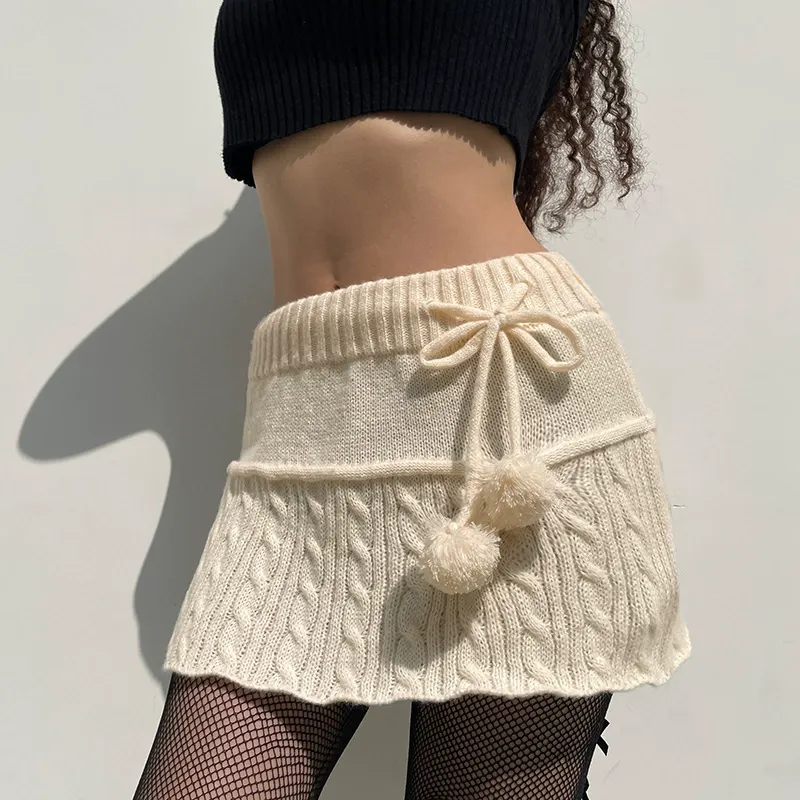 Cable Knit Pom Pom Mini Skirt