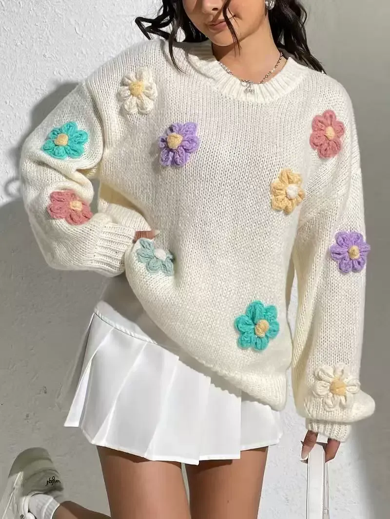 Elegant 3D Floral Knit Sweater