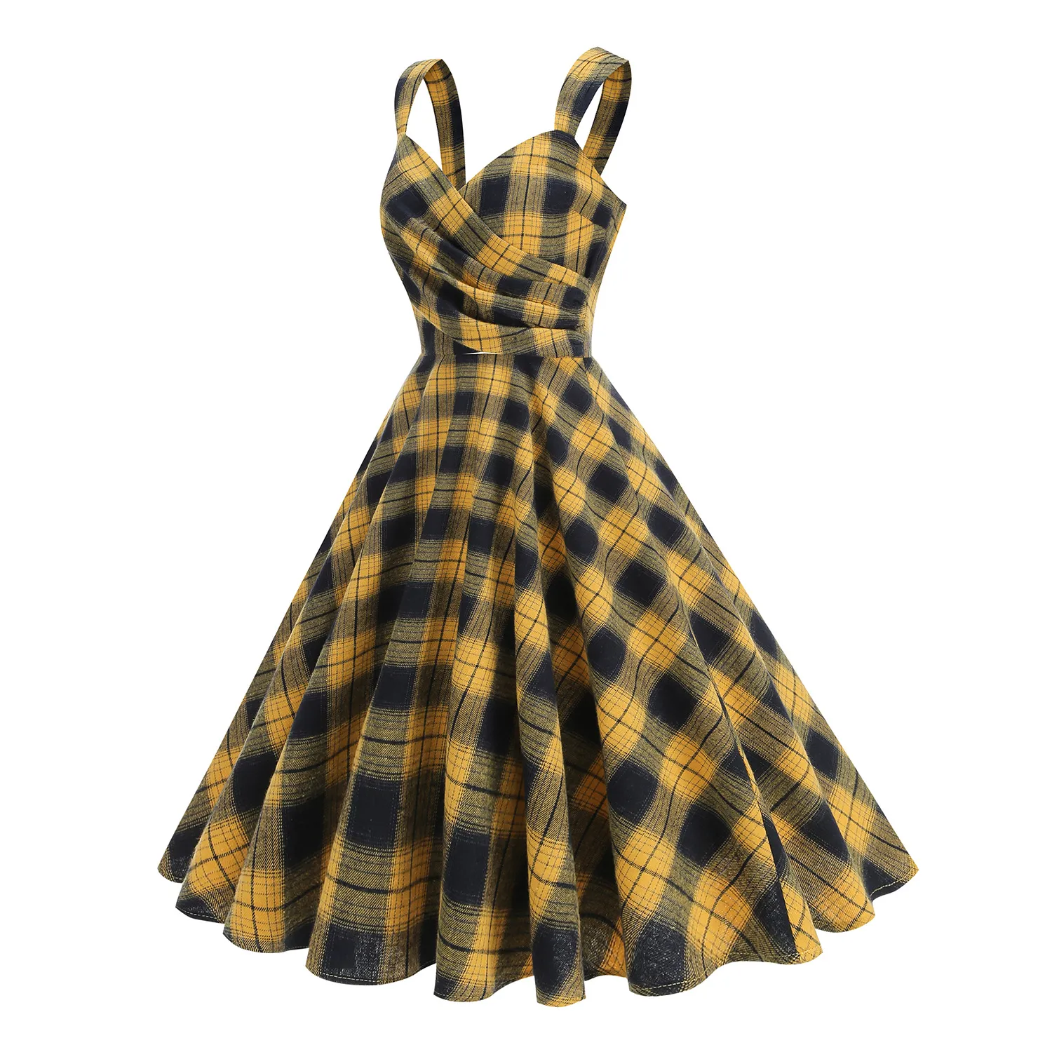 French Vintage Plaid V-Neck Pleated Swing Strap Dress