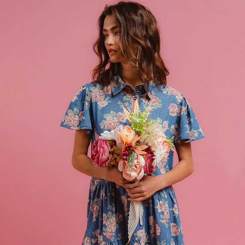 Casual Printed Denim A-Line Collared Shirt Dress