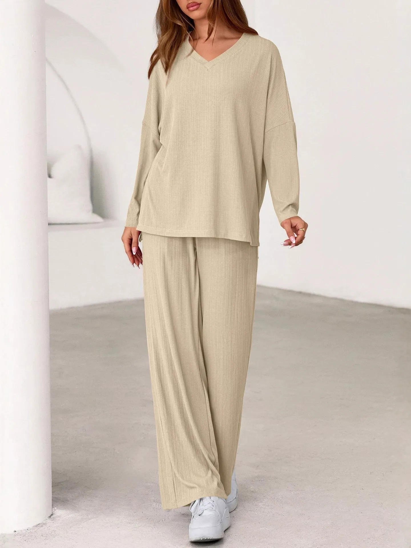 Casual Relaxed Fit Long Sleeve Top & Wide Leg Pants Set
