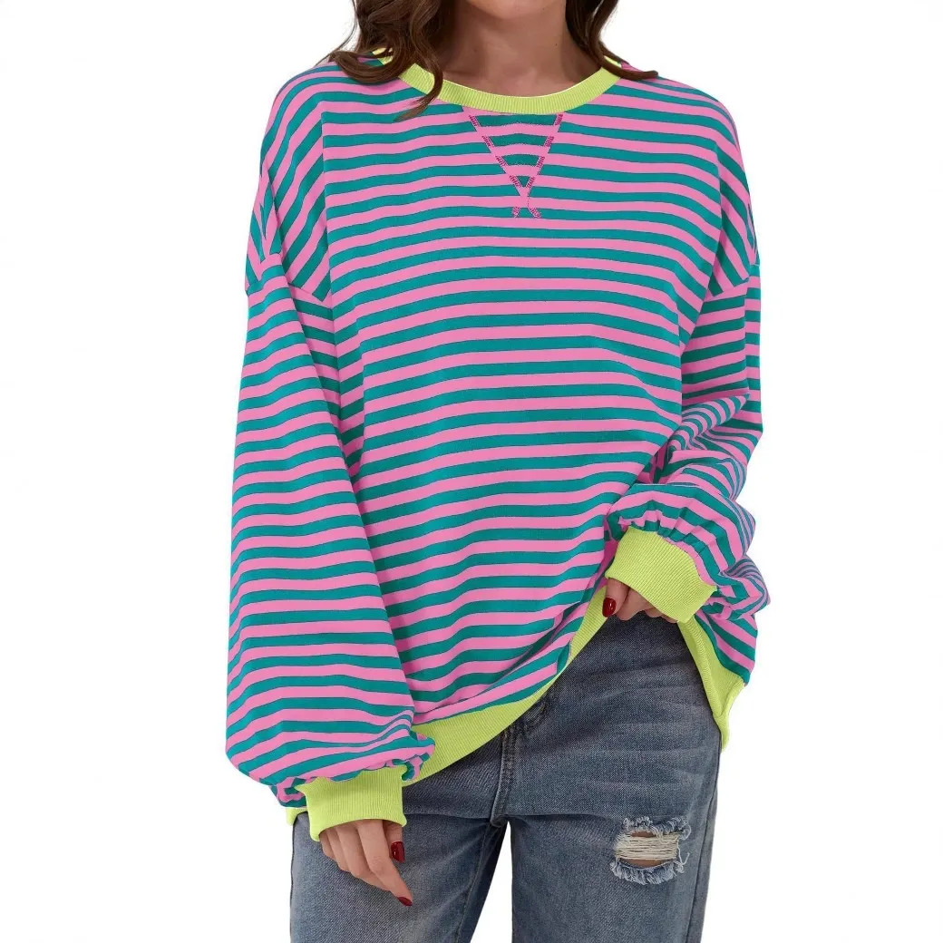 Embroidered Striped Color Block Crewneck Sweatshirt