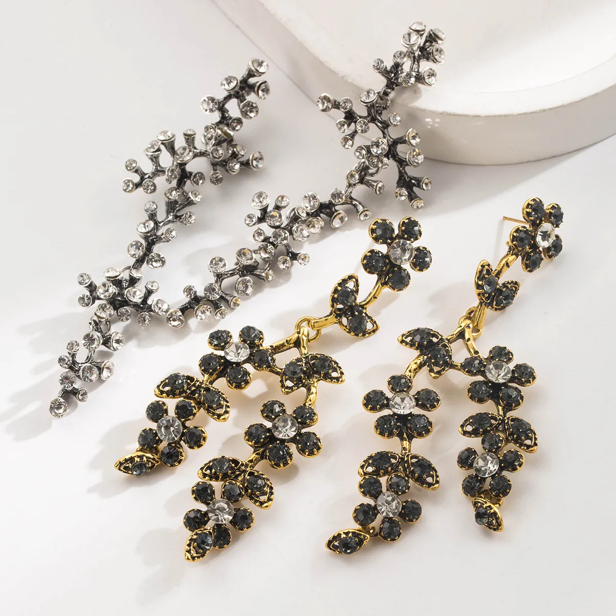 Vintage Baroque Rhinestone Tree Branch Drop Earrings