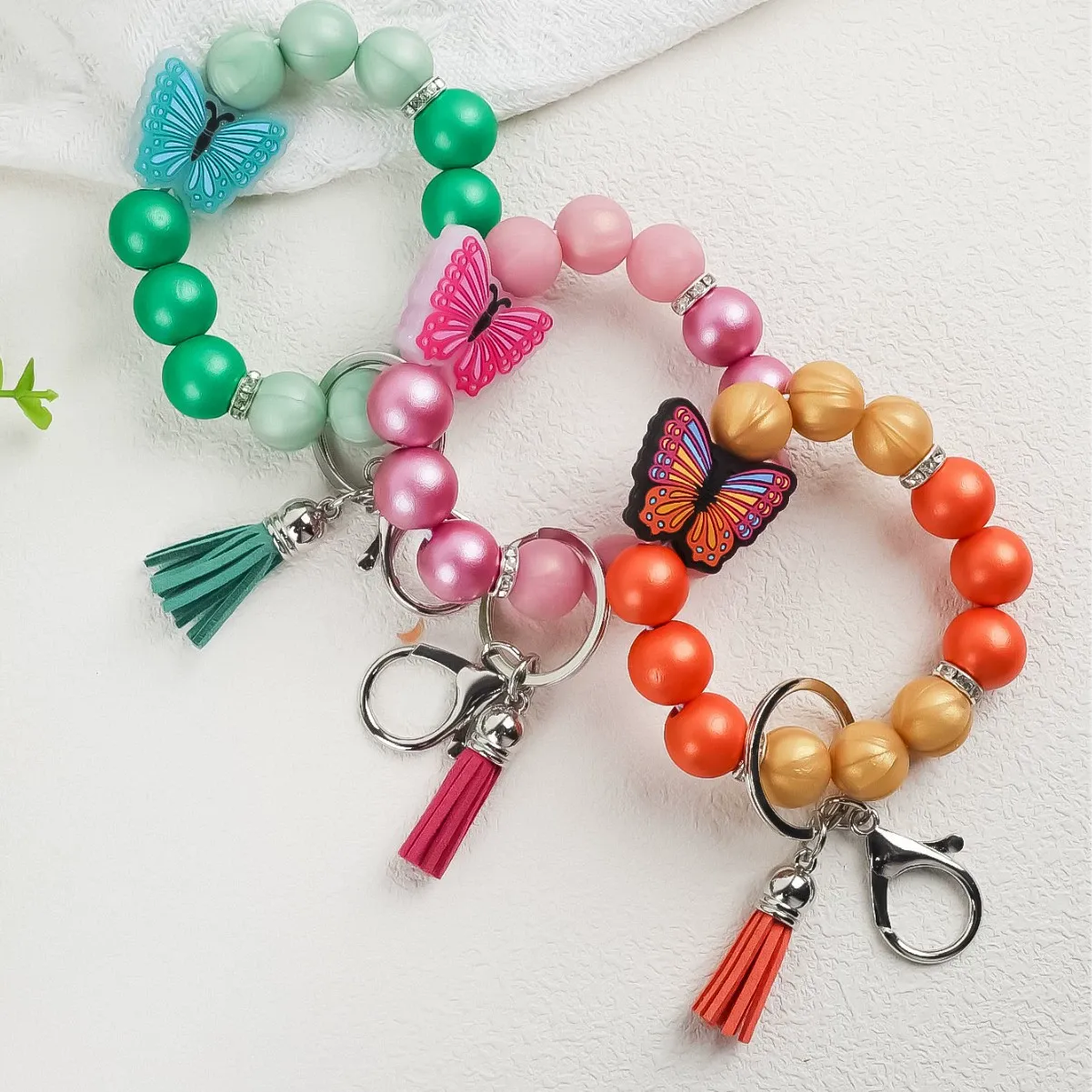 Silicone Wood Bead Tassel Keychain Wristlet