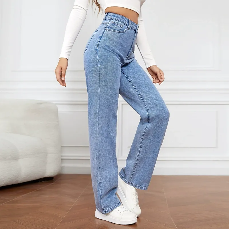 High Waisted Washed Straight Leg Jeans