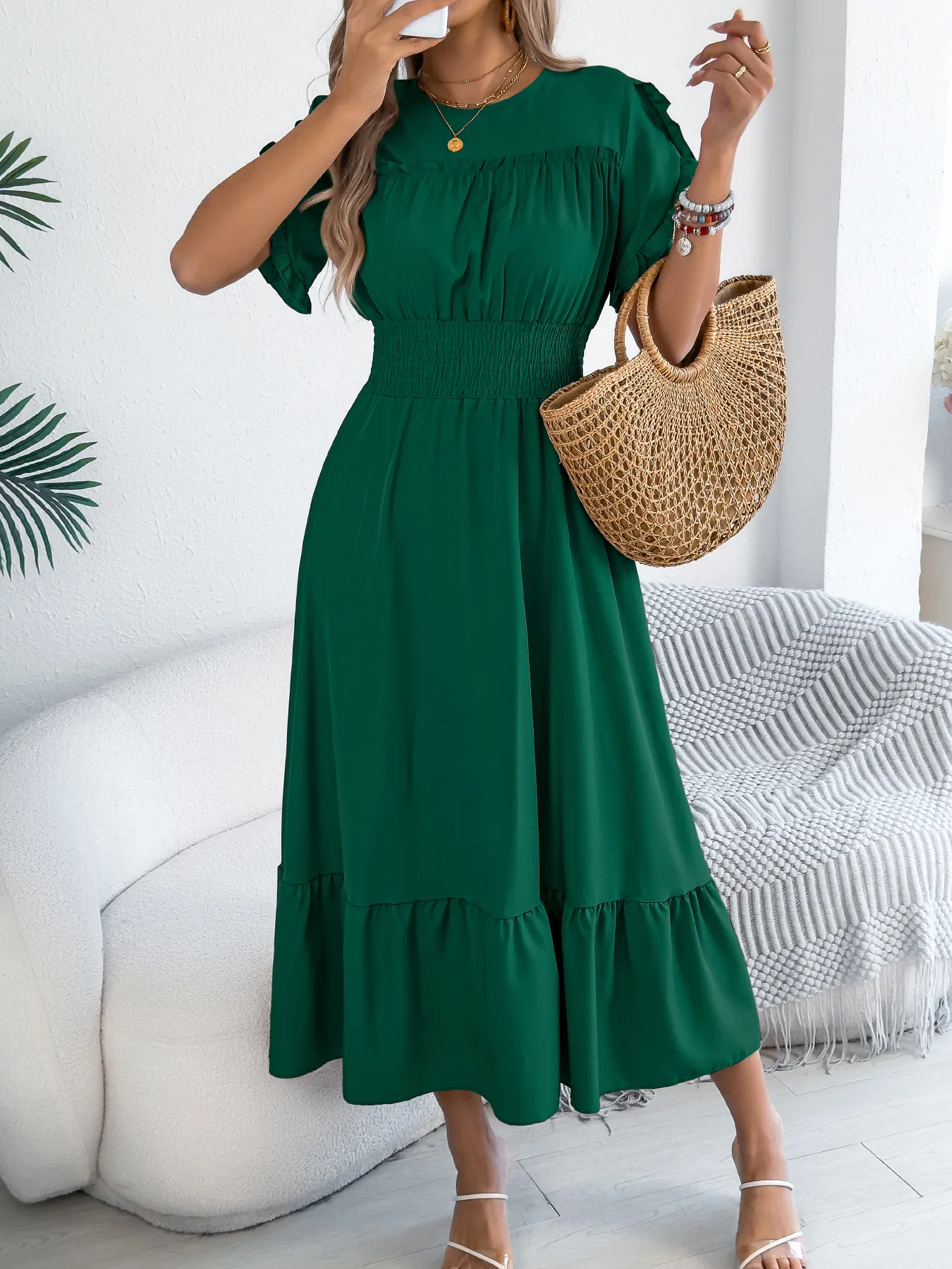 Casual Short Sleeve Smocked Ruffle Maxi Dress