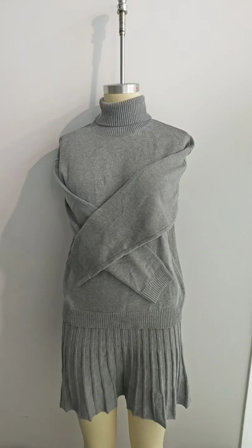 Fashion Knit Two Piece Set - High Neck Sweater & Mini Skirt