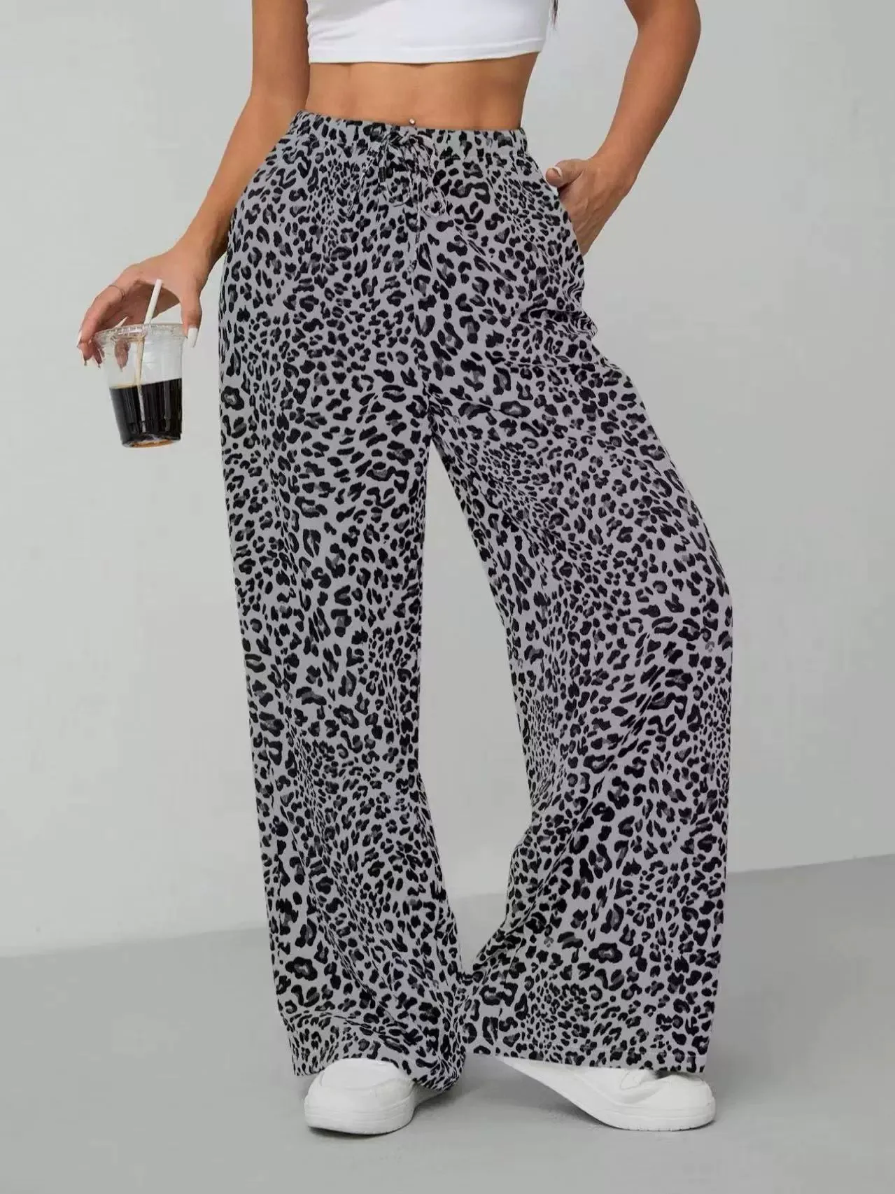 Trendy Leopard Print Wide-Leg Pants