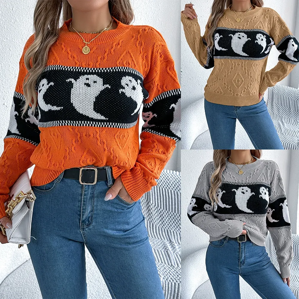 Halloween Ghost Color Block Long Sleeve Pullover Sweater