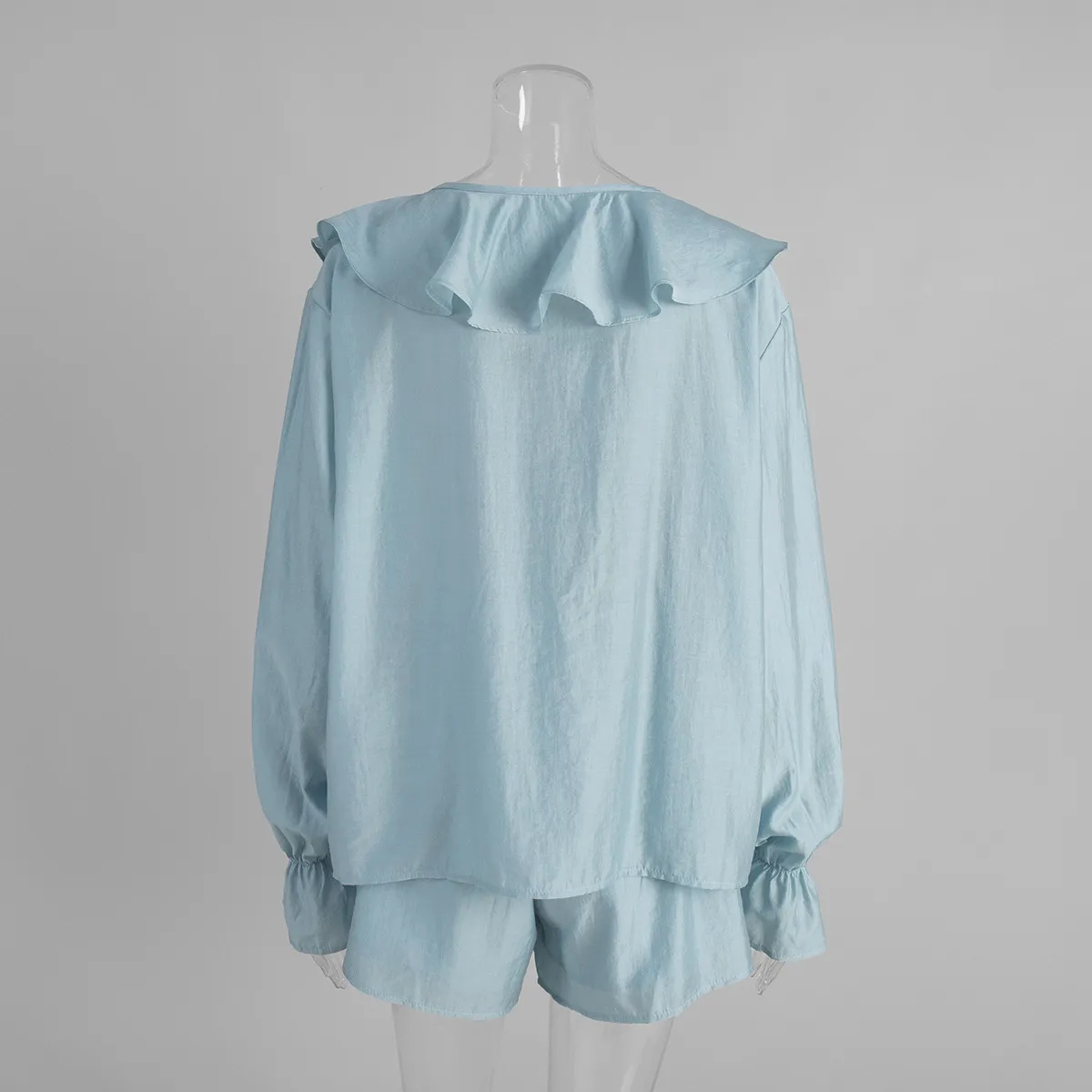 French V-Neck Ruffled Tie-Front Blouse & Shorts Set