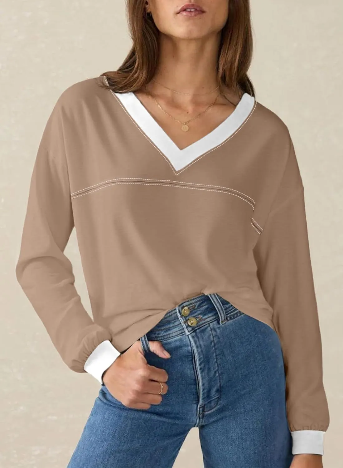 Lightweight Color Block Deep V-Neck Loose Sweatshirt
