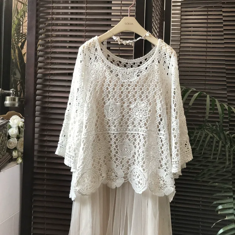 Embroidered Lace Long Sleeve Beach Cover-Up