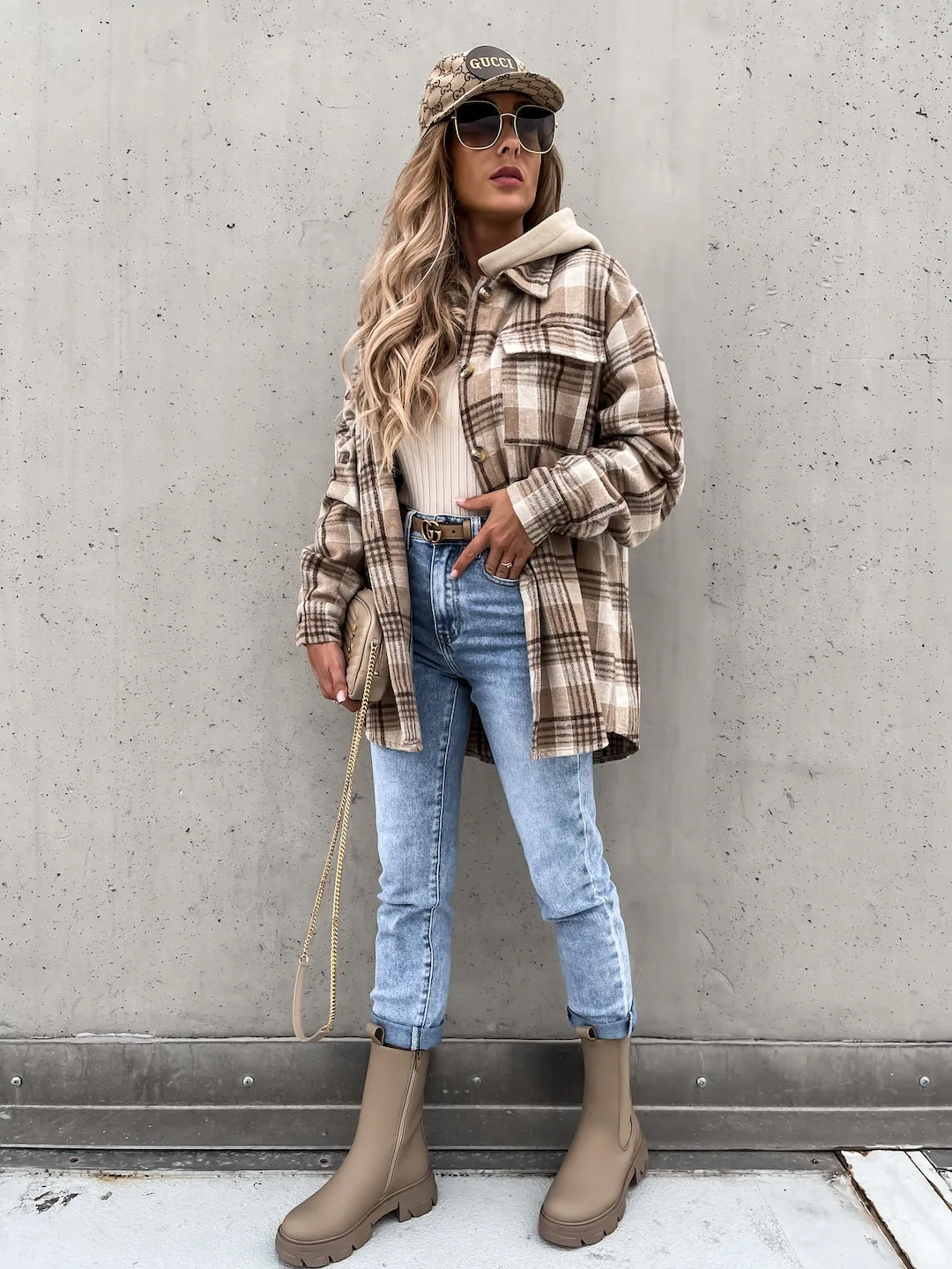 Plaid Wool Blend Hooded Coat