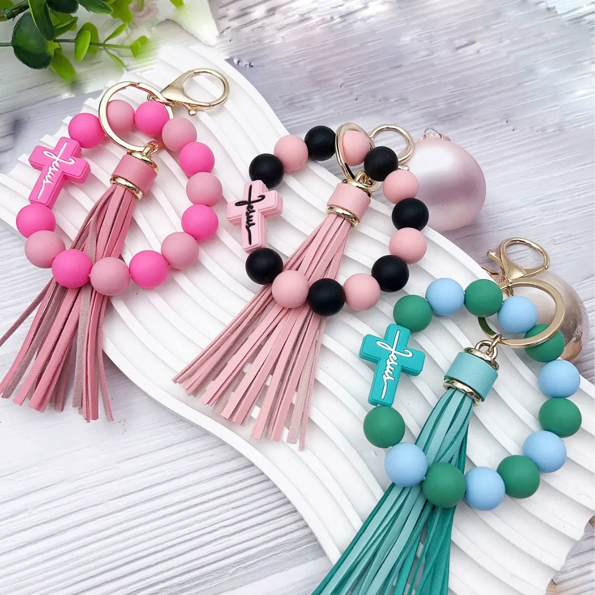 Silicone Beaded Cross Wristlet Keychain