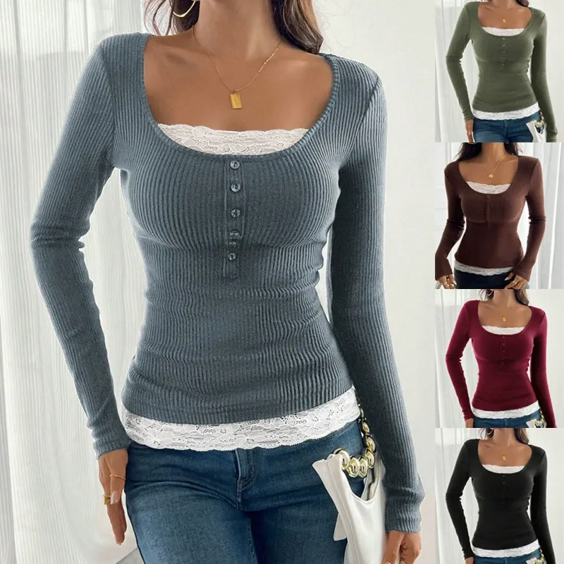 Slim Fit Lace Panel Button-Front Long Sleeve Top