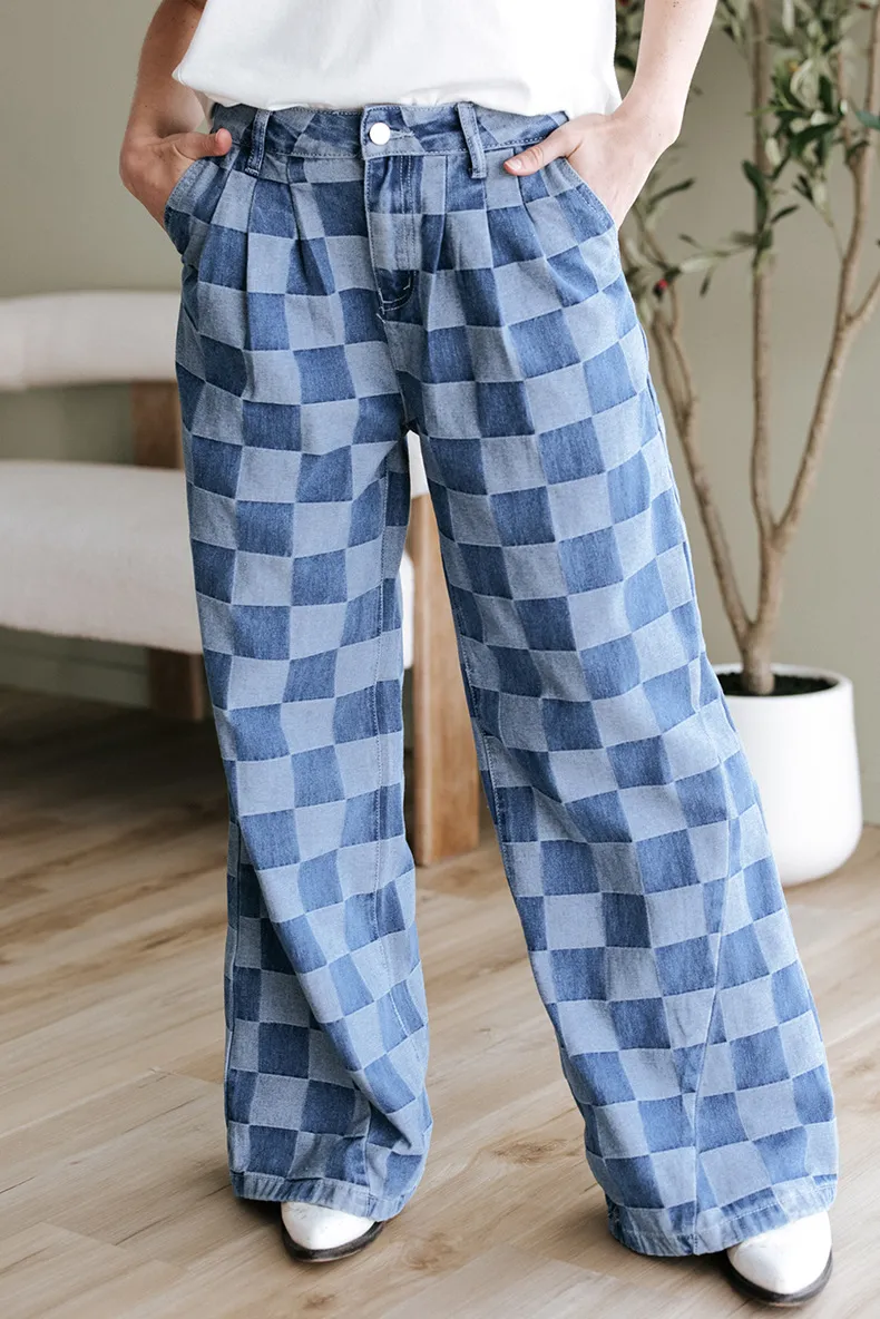 Loose Fit High-Waist Wide-Leg Checkerboard Print Jeans