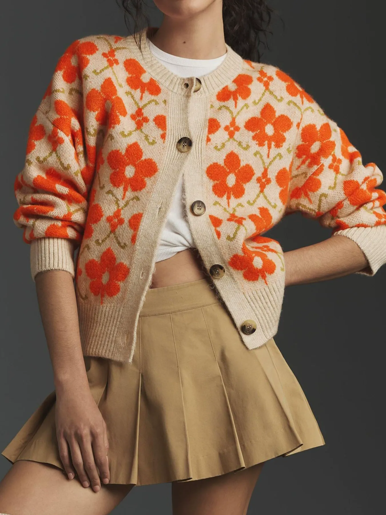 Long Sleeve Floral Jacquard Button-Front Cardigan