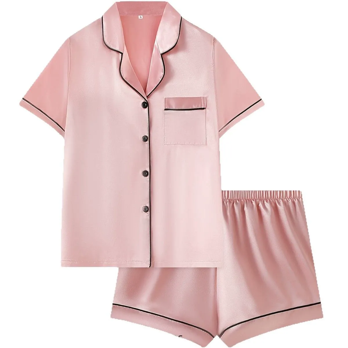 Solid Satin Notch Collar Short Sleeve Shorts Pajama Set