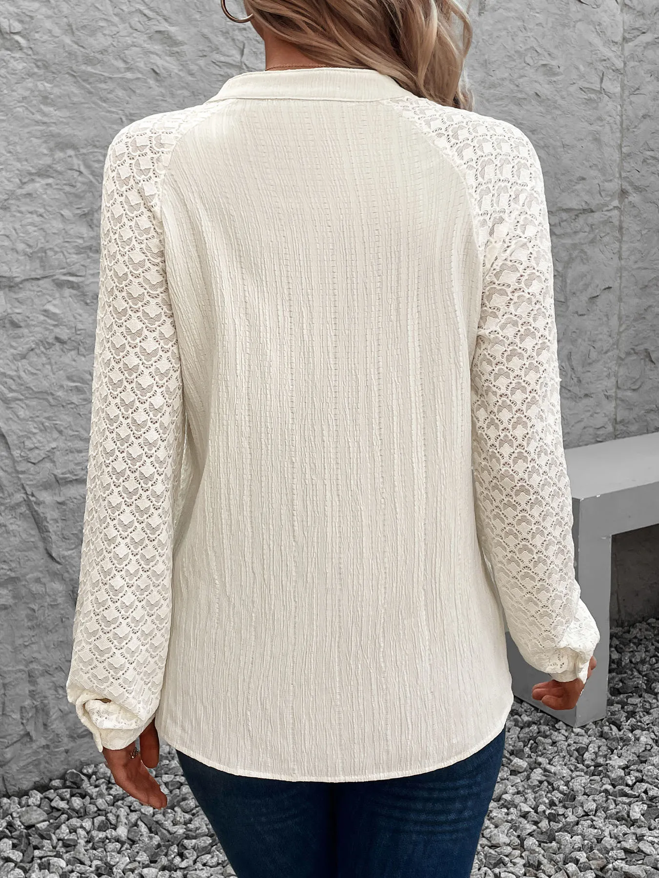 Pleated Lace Stand Collar Blouse