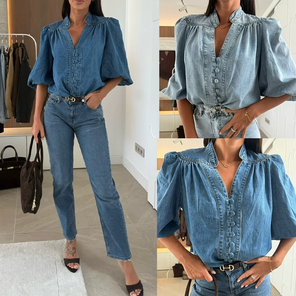 Denim Lantern Sleeve V-Neck Shirt