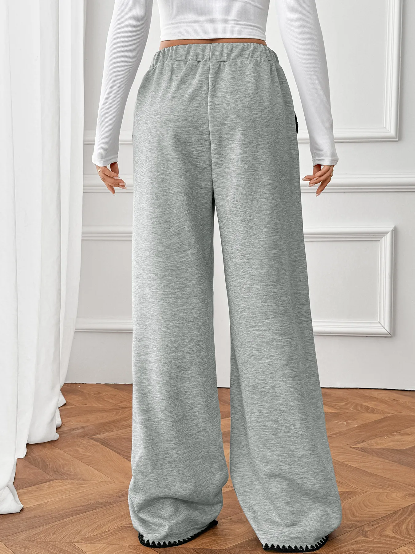 Elastic Waist Straight Leg Pants with Tie Front & Contrast Trim