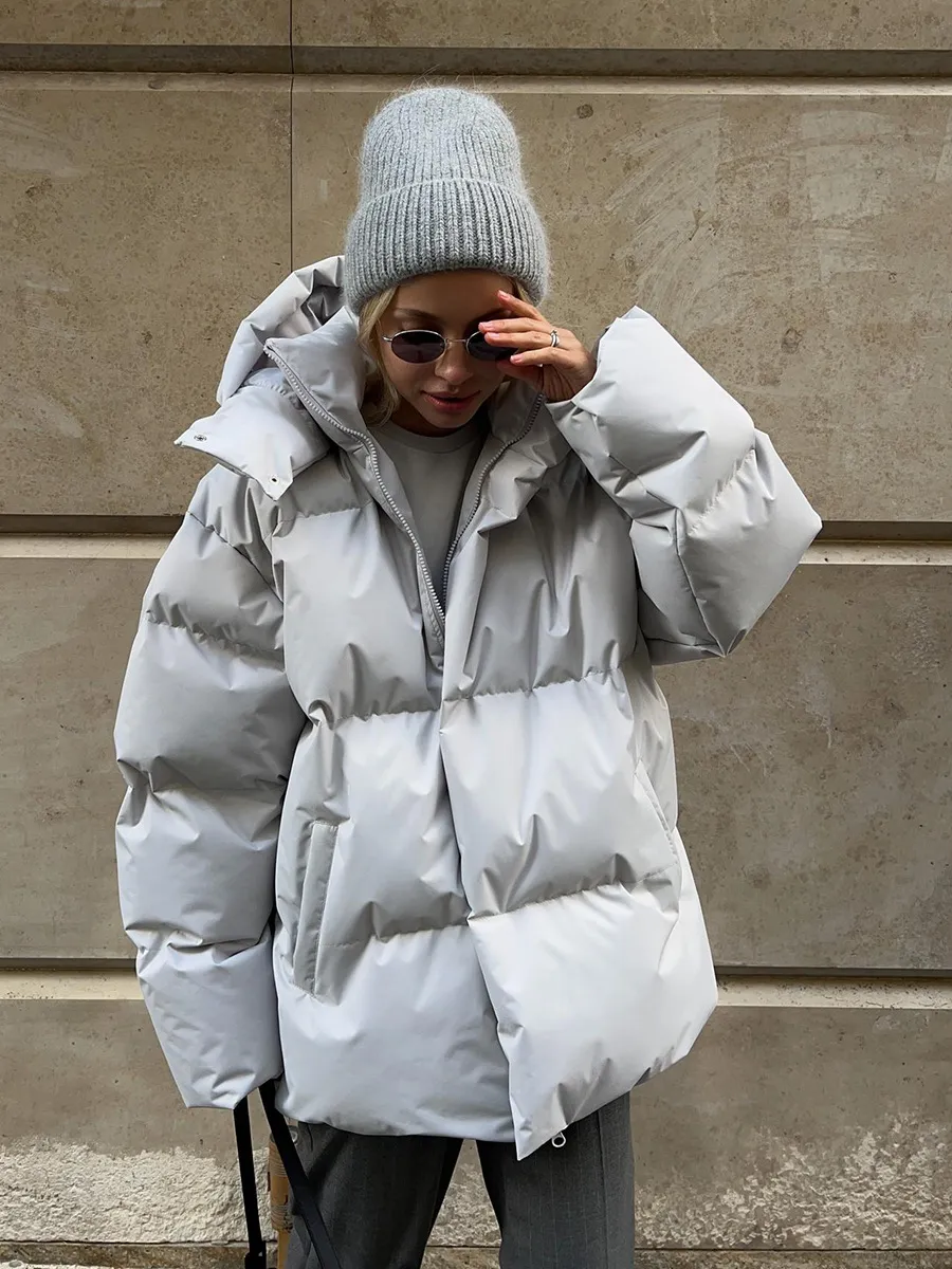 Solid Color Loose Fit Hooded Puffer Jacket