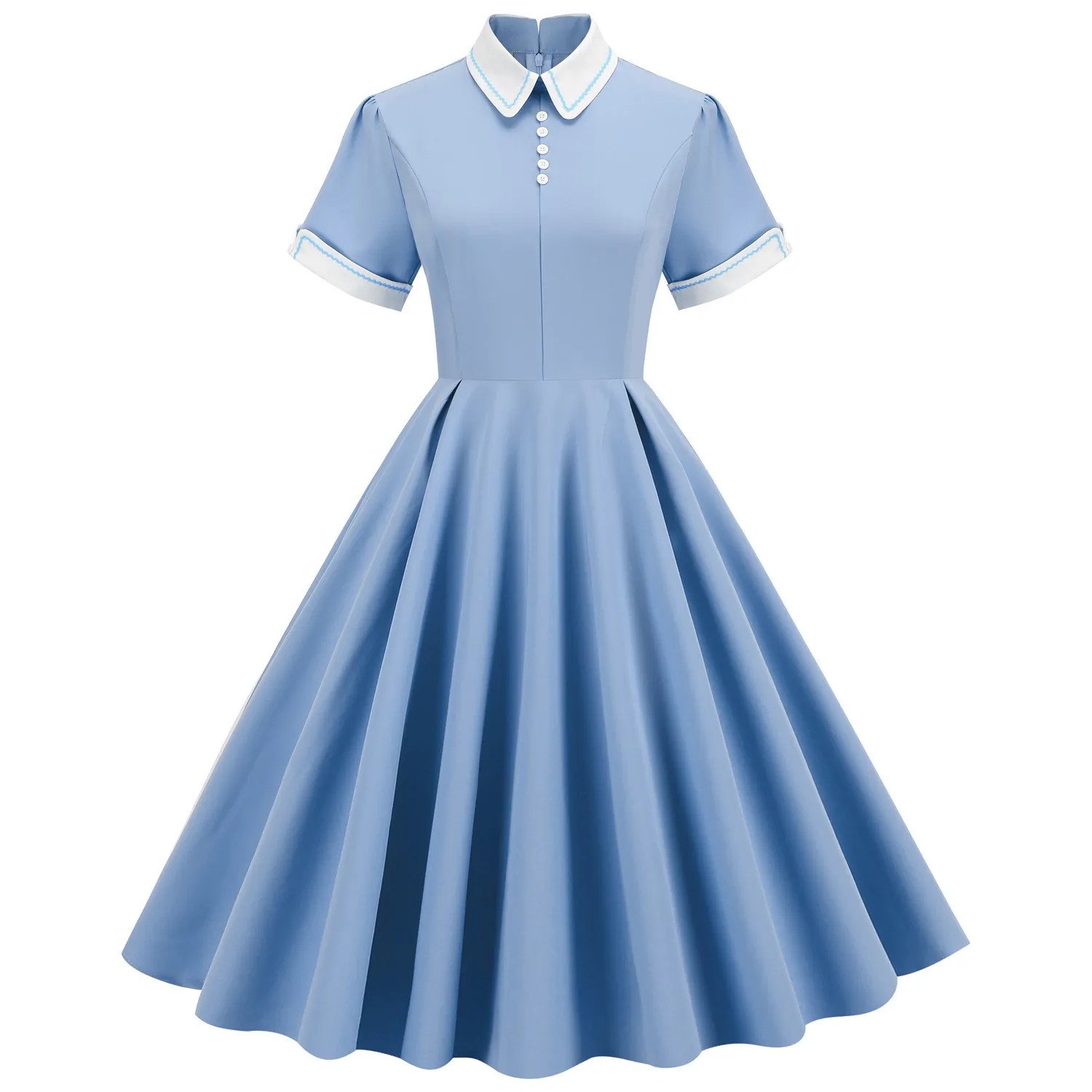 Vintage High Neck Contrast Piping Midi Swing Dress