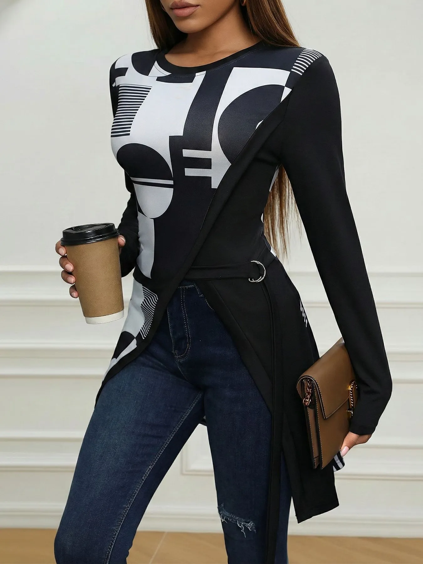 African Geometric Color Block Crew Neck Slim Fit Top