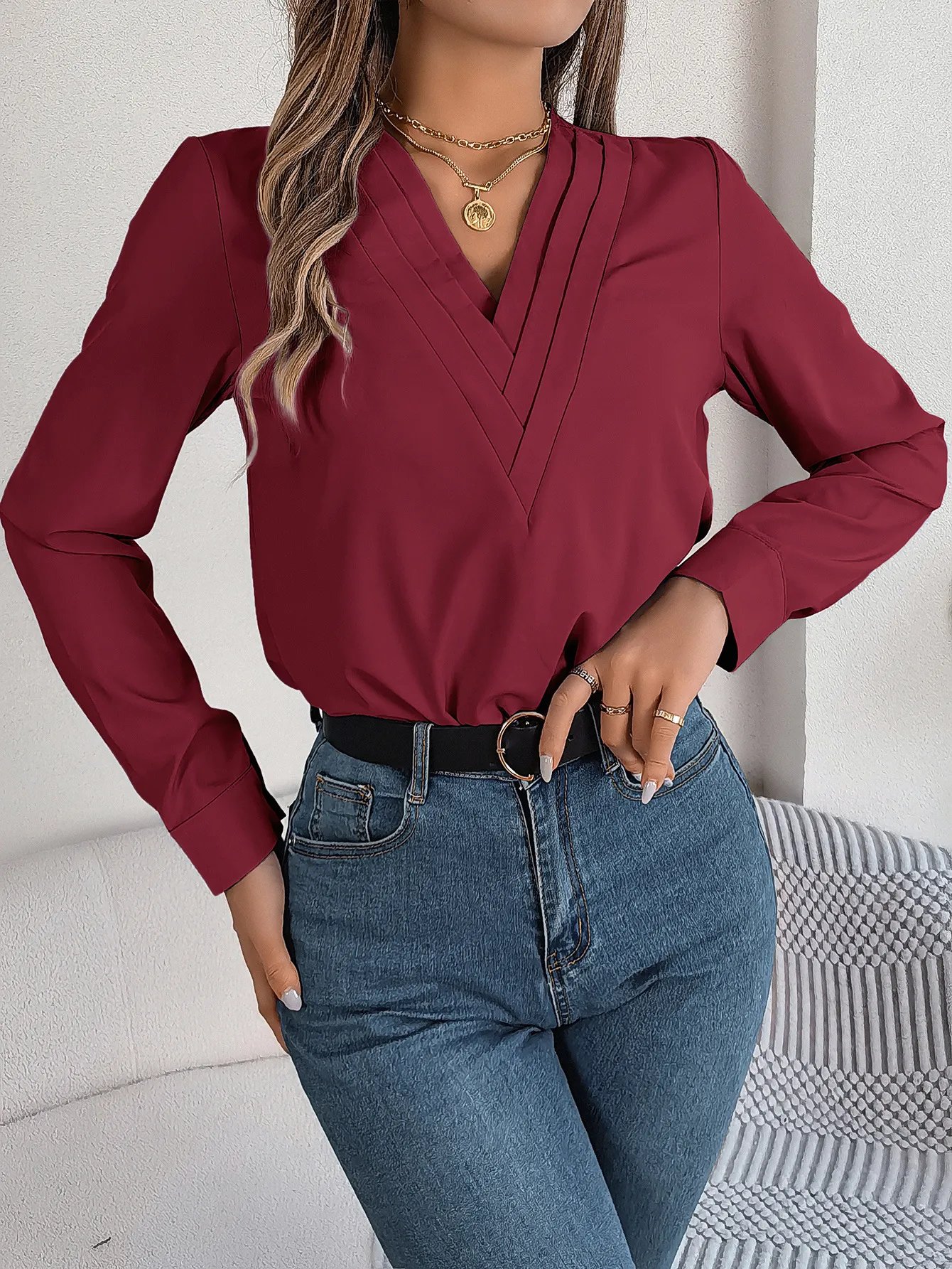 Elegant Solid Color Layered V-Neck Long Sleeve Blouse