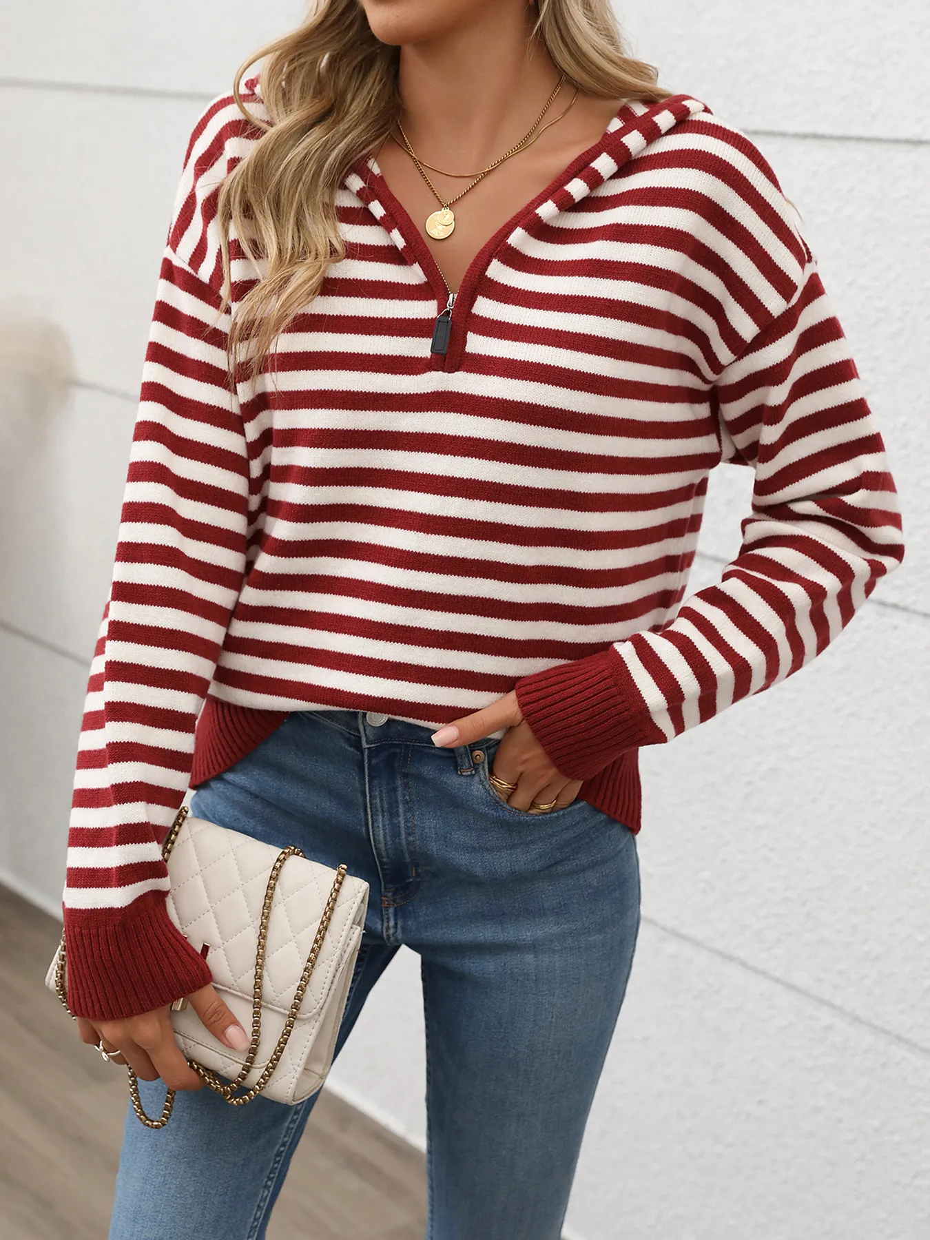 Retro Striped Zip-Up Hooded Knit Sweater
