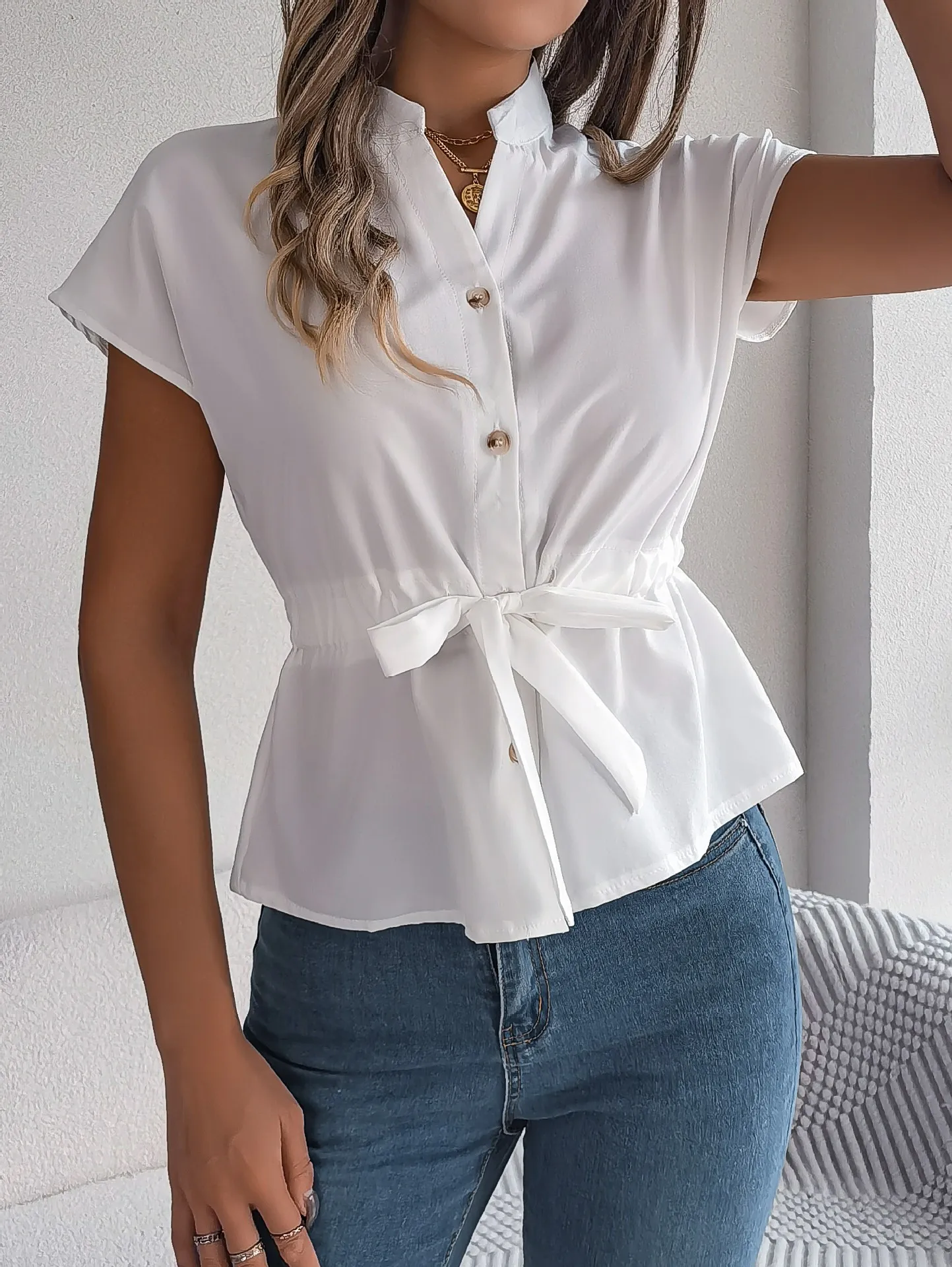 Casual Short Sleeve Button-Down Drawstring Shirt