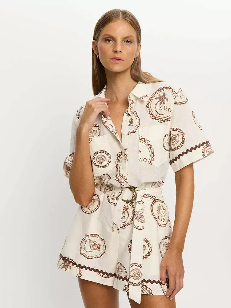 Linen Tie-Waist Shirt Jumpsuit