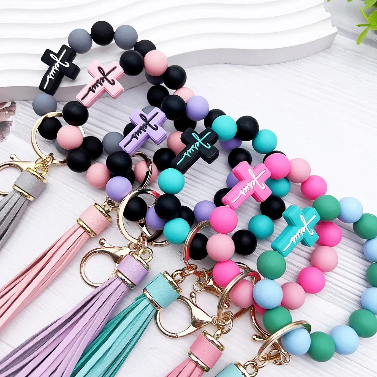 Silicone Beaded Cross Wristlet Keychain