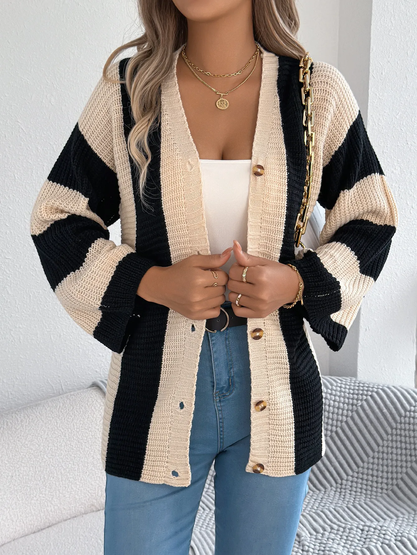 Colorblock Striped Flared Sleeve Longline Cardigan