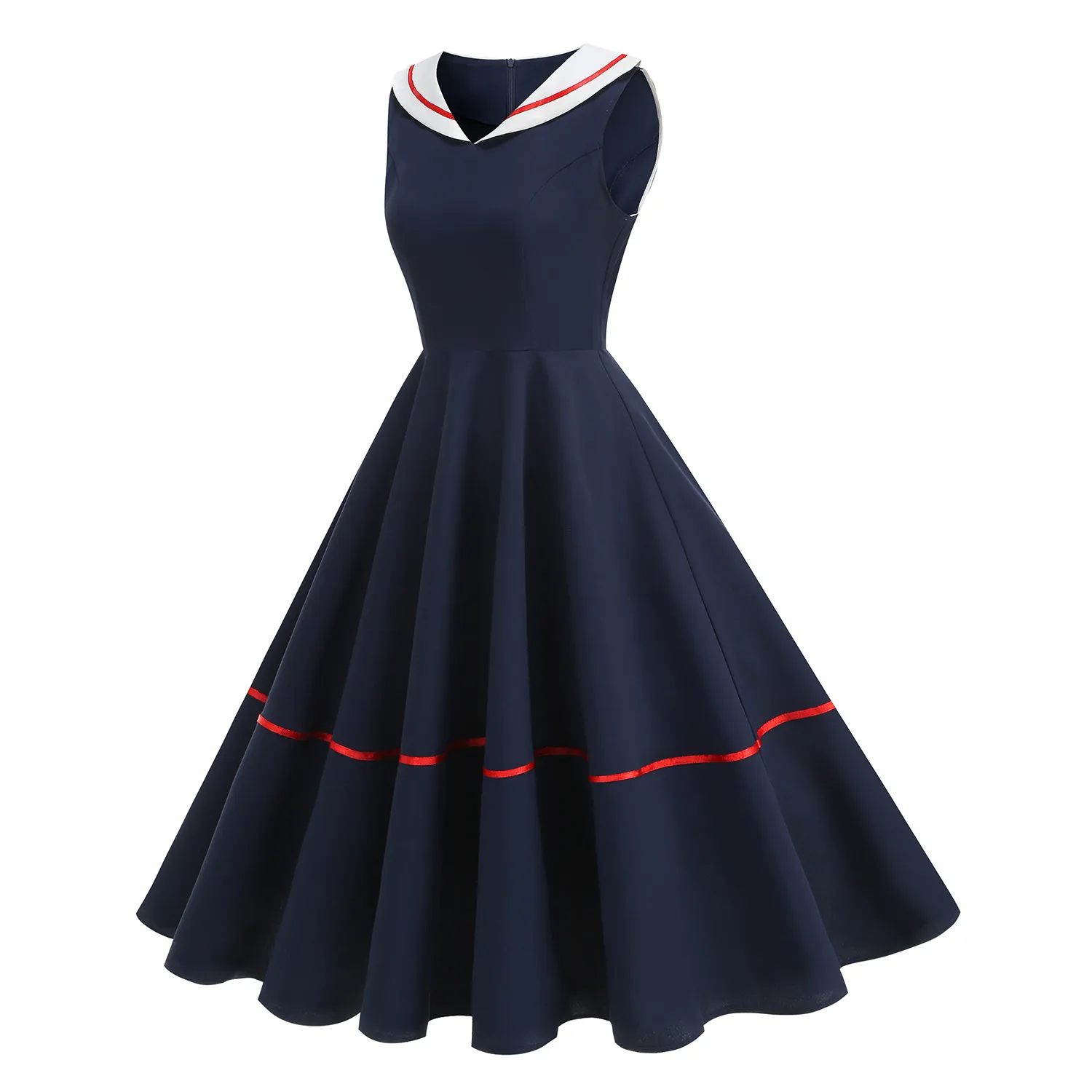 Vintage Nautical Sleeveless Swing Midi Dress