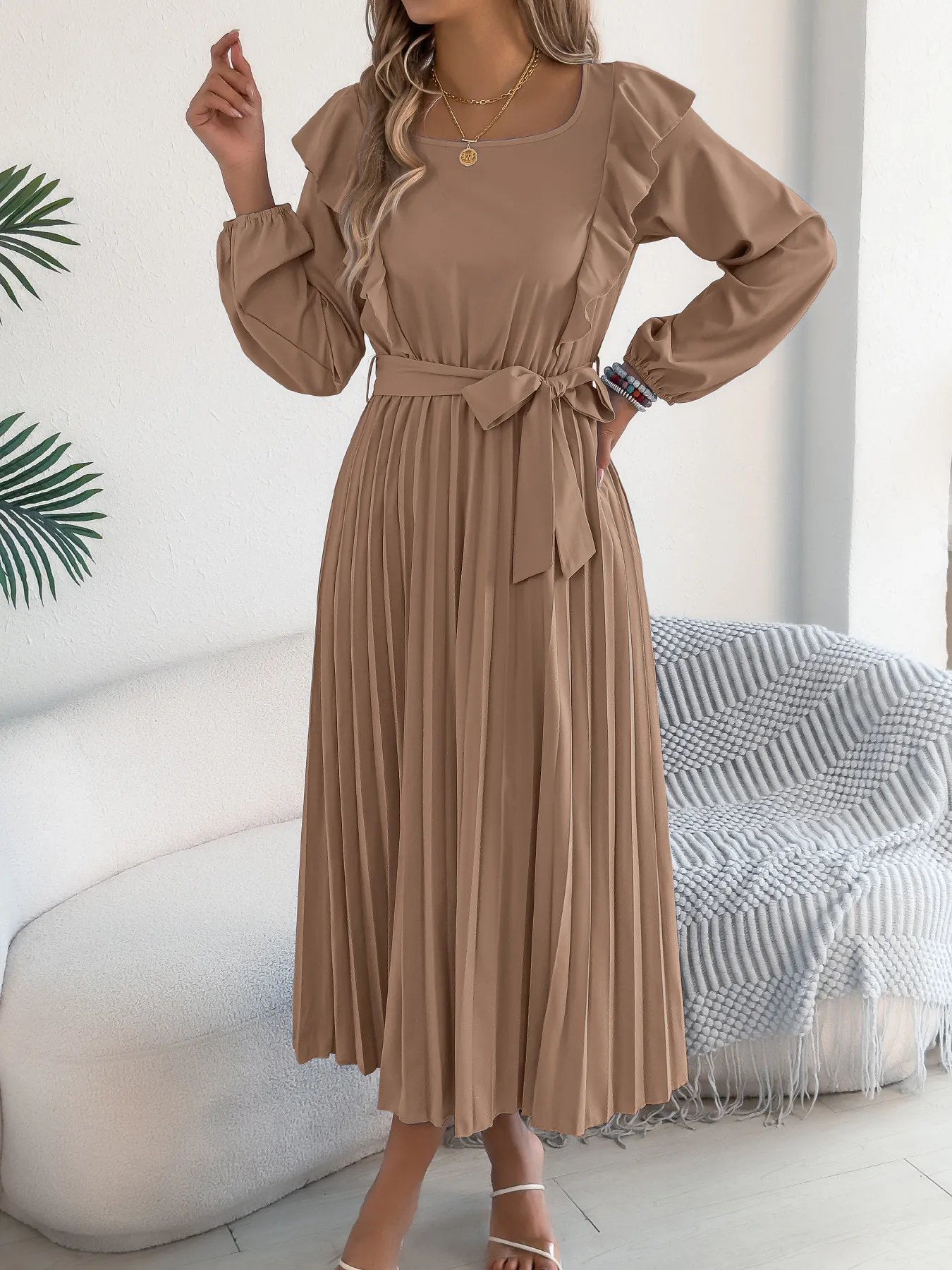 Elegant Ruffled Square Neck Cinched Waist Pleated Dress