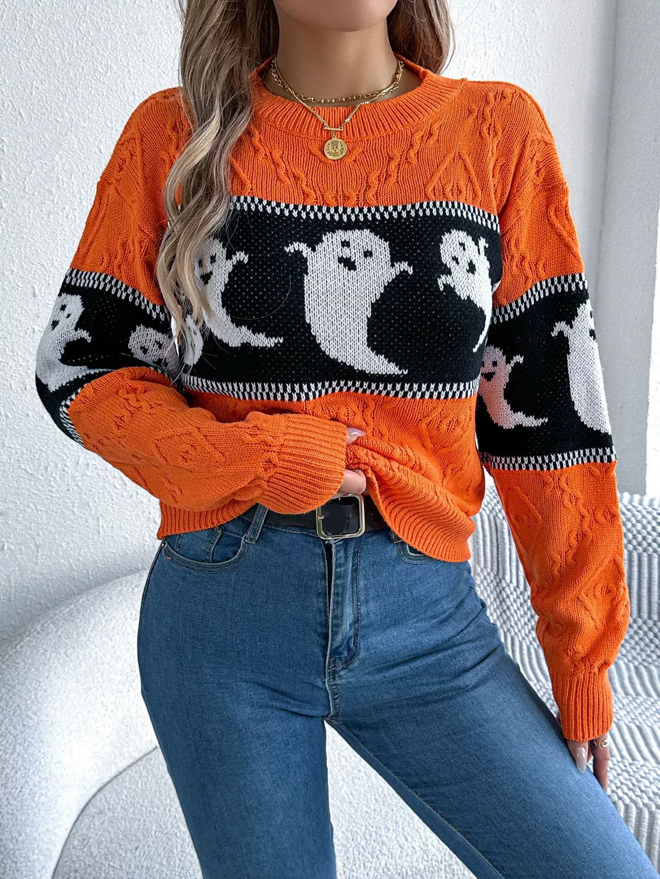 Halloween Ghost Color Block Long Sleeve Pullover Sweater