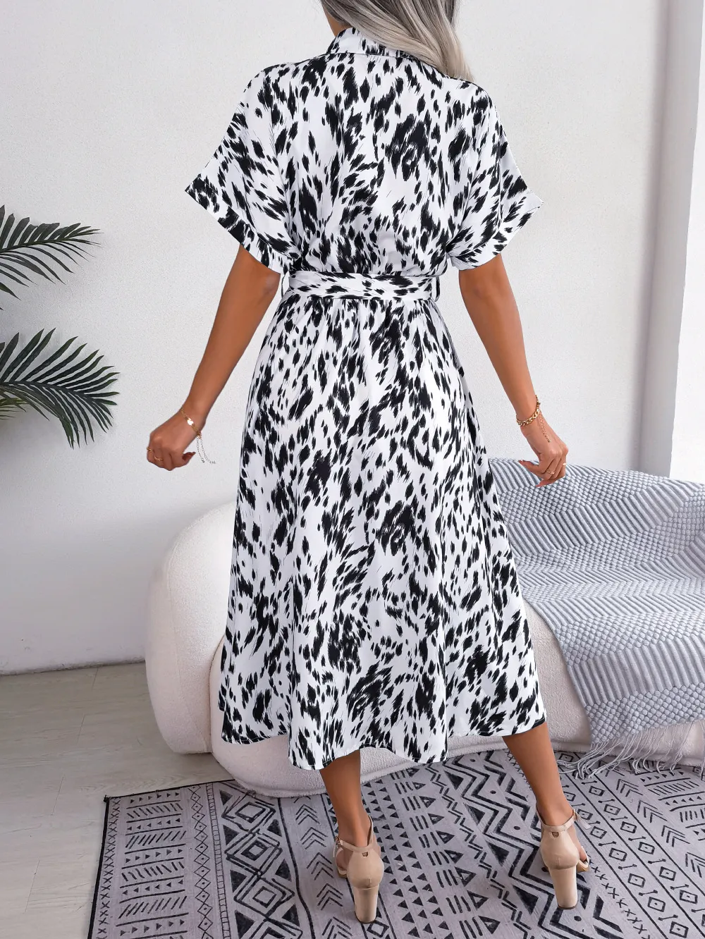 Casual Loose Leopard Print Belted Shirt Dress
