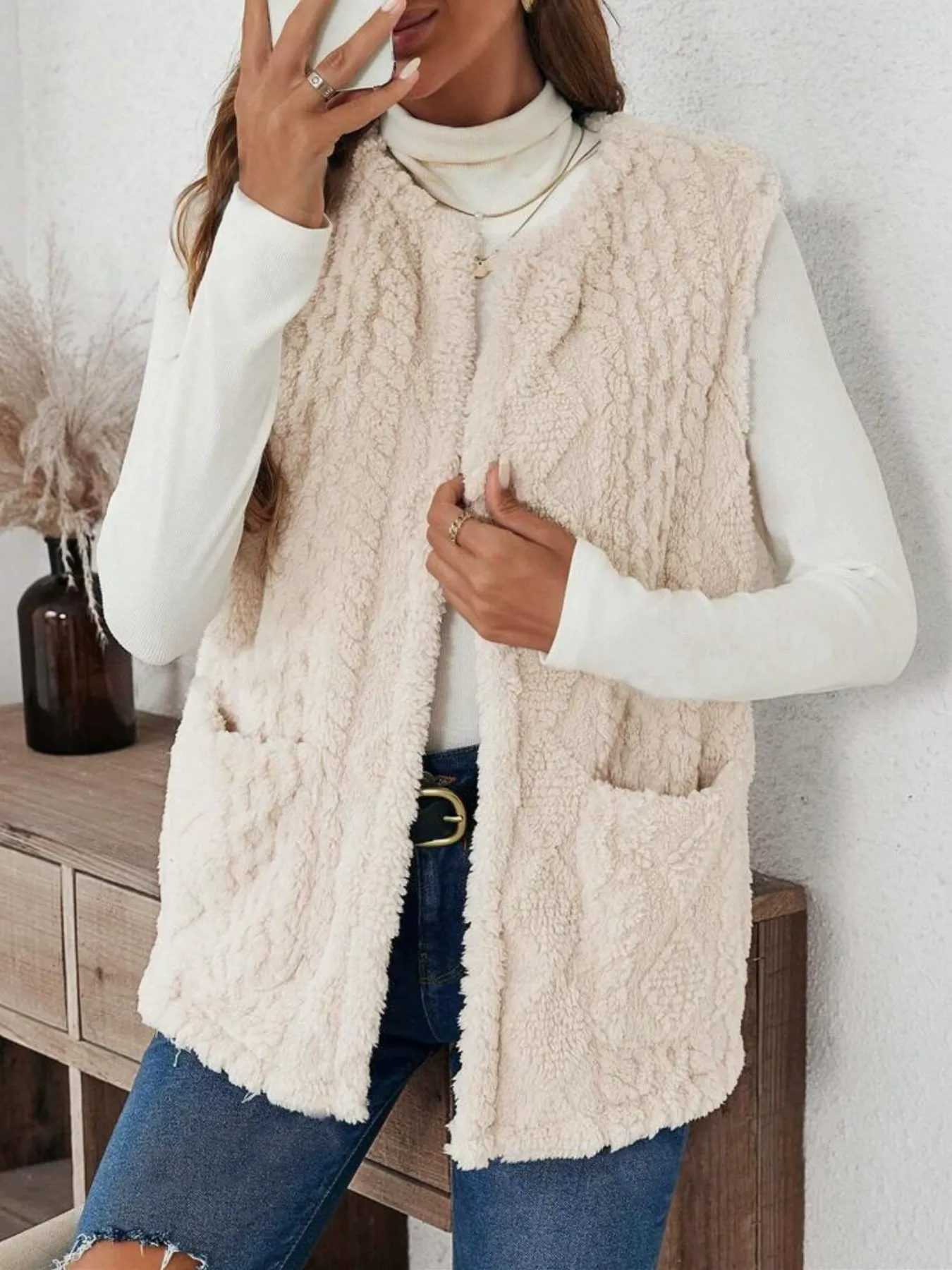 Sherpa Open-Front Vest with Pockets