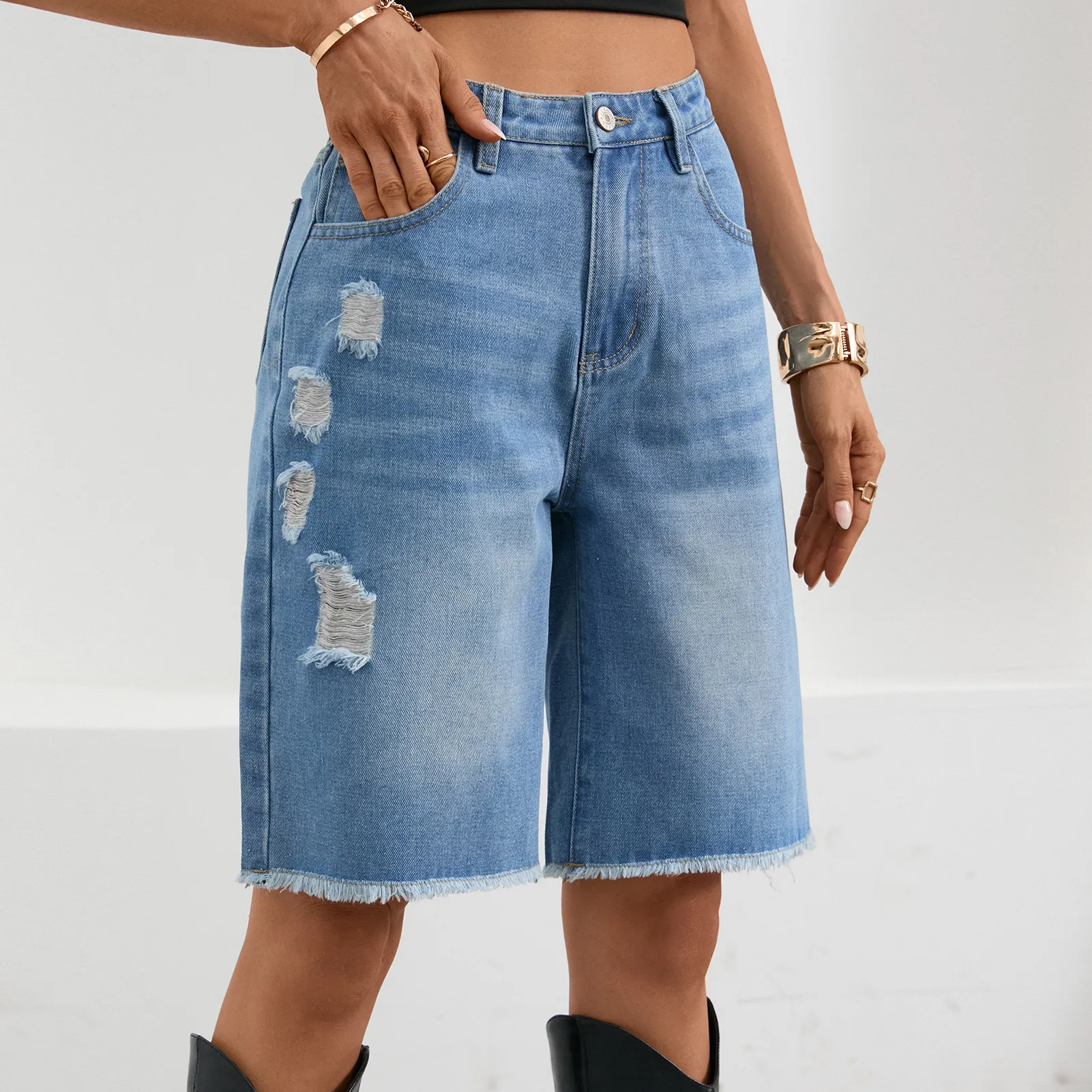Distressed Raw Hem Denim Bermuda Shorts