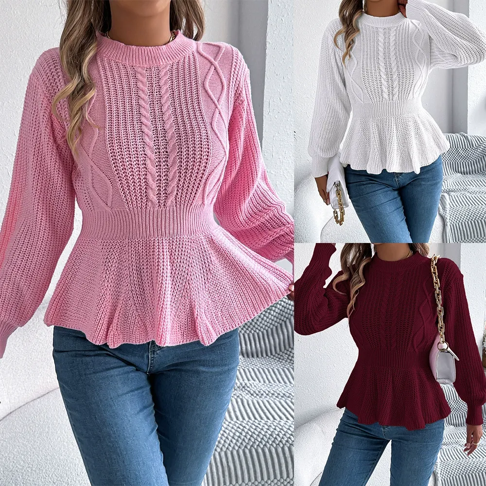 Solid Cable Knit Long Sleeve Peplum Pullover Sweater
