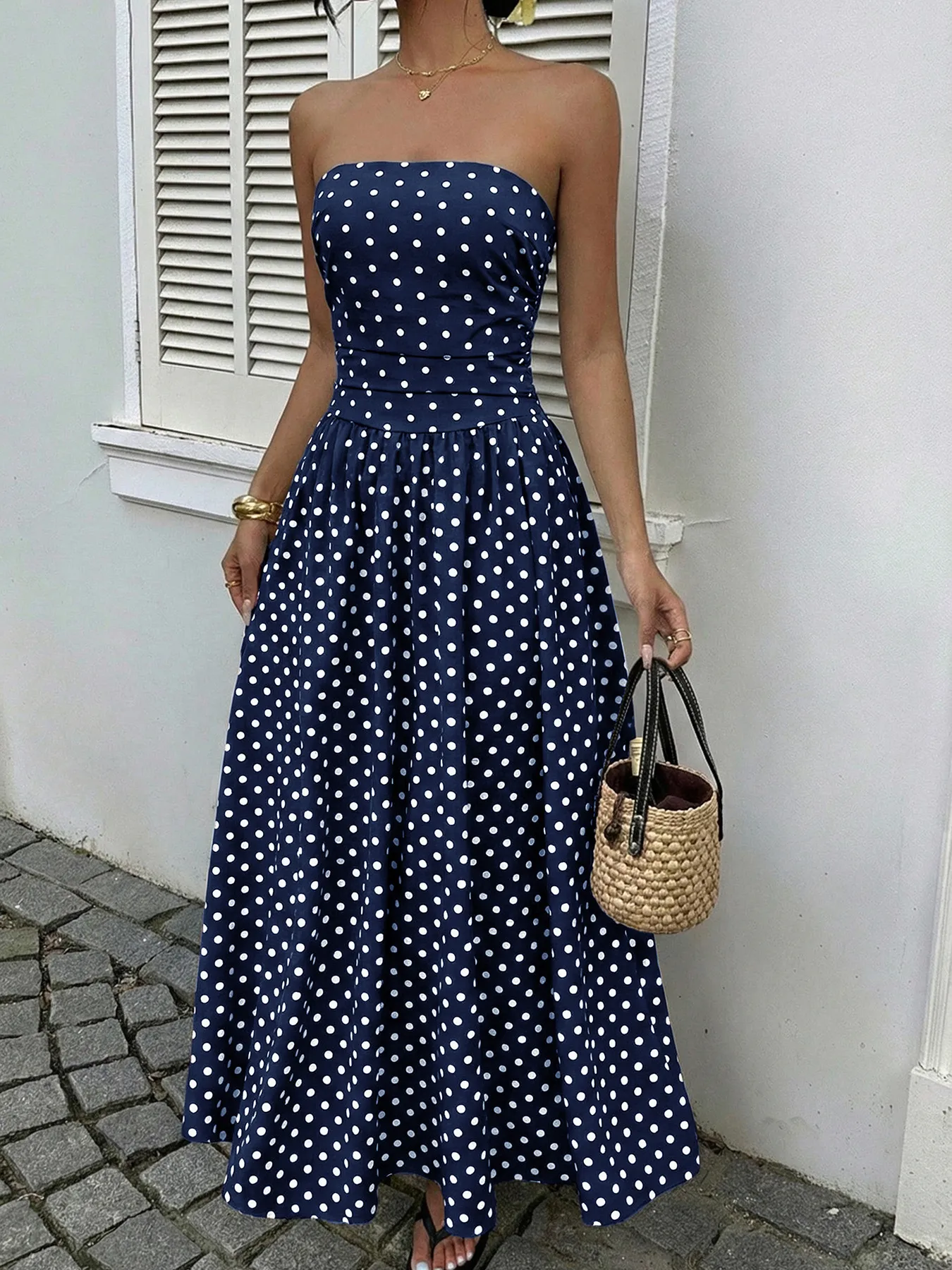 French Style Polka Dot Strapless Maxi Dress