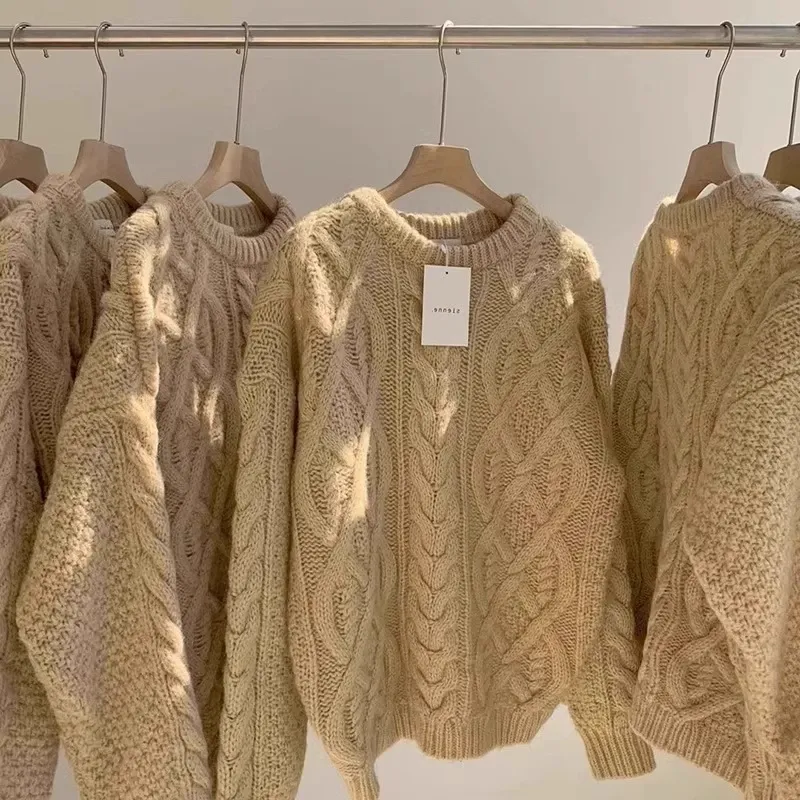Beige Slouchy Cable Knit Sweater