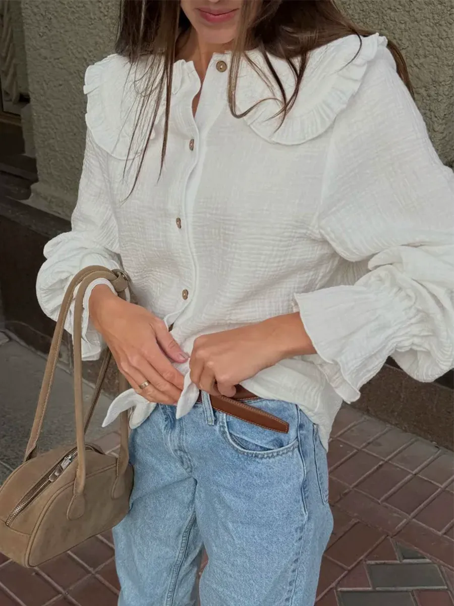 White Cotton Peter Pan Collar Ruffled Lantern Sleeve Blouse