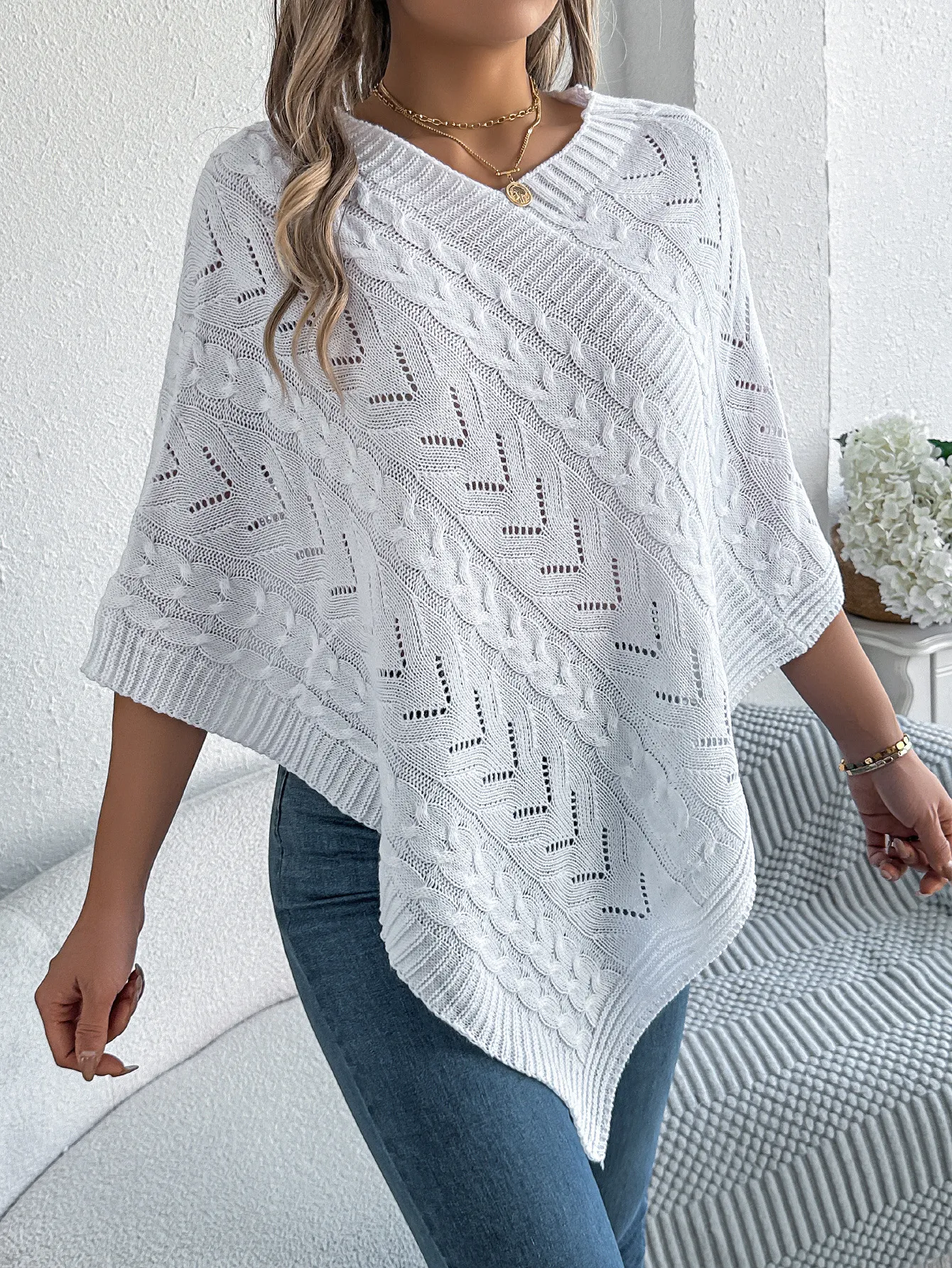 Solid Casual Loose Fit Cable Knit Poncho Sweater