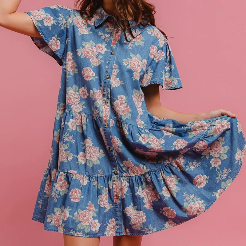 Casual Printed Denim A-Line Collared Shirt Dress