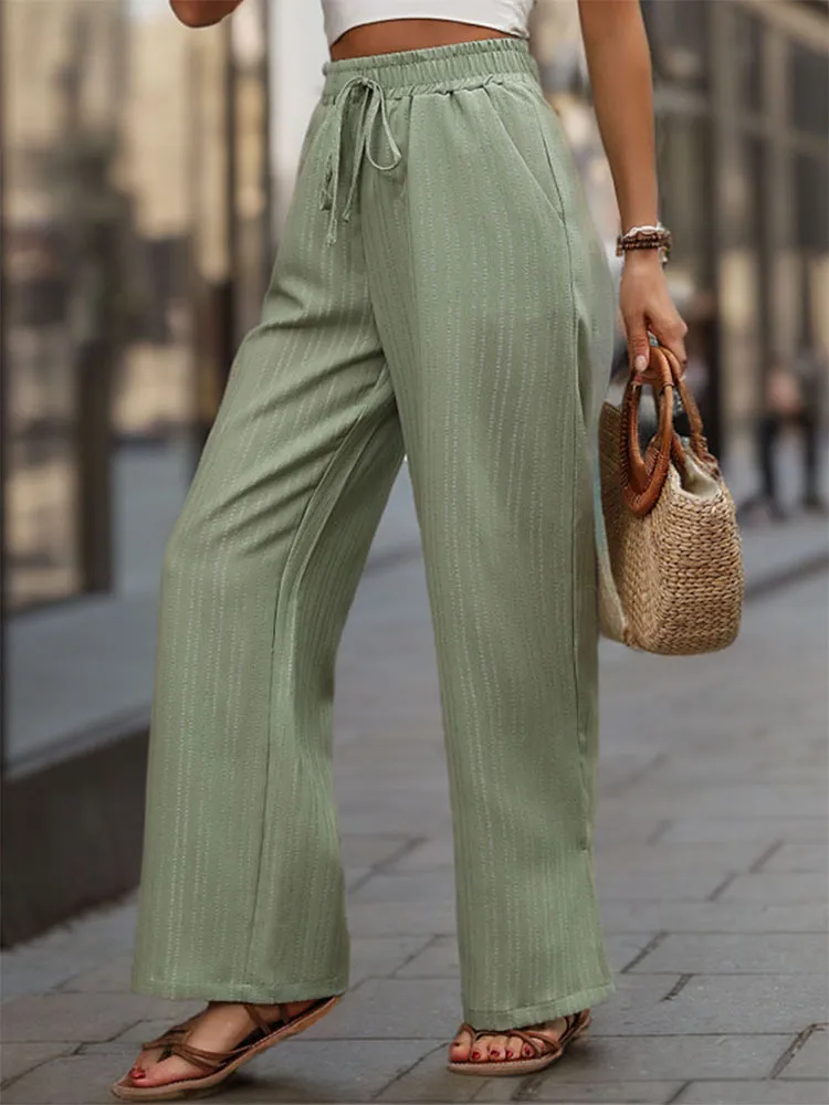 Elastic Waist Textured Vertical Stripe Wide-Leg Pants